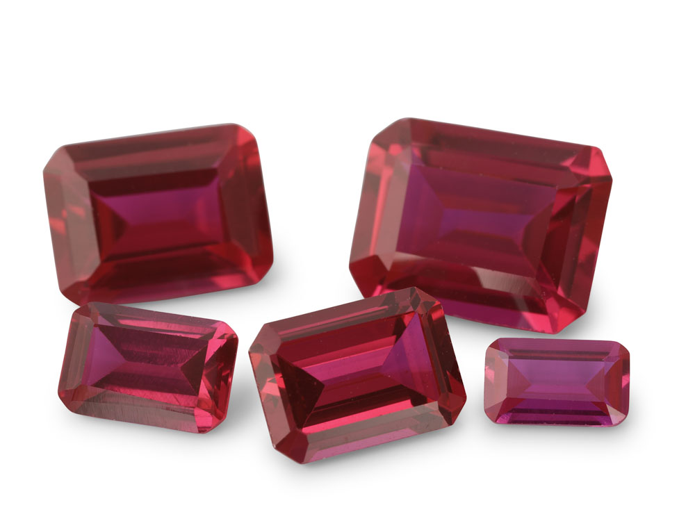 Synthetic Ruby 9x7mm Emerald Cut Bright Red